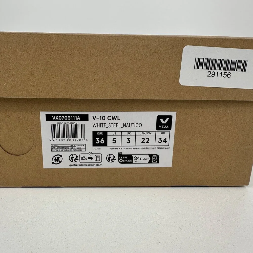 Veja V-10 CWL Sneakers sz 5 Women's 36 EU White/Steel/Nauti Vegan Leather BRAZIL - Picture 14 of 15